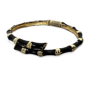 Bracelet Bamboo Shape Hinge Bangle Glossy Black Enamel Gold Tone Boho Preppy